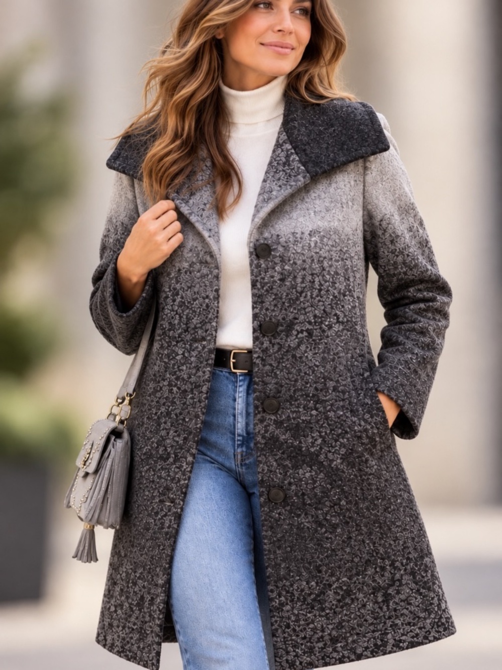 Trina Turk Wool Blend Coat Gray Black Convertible Collar - Size 0/S